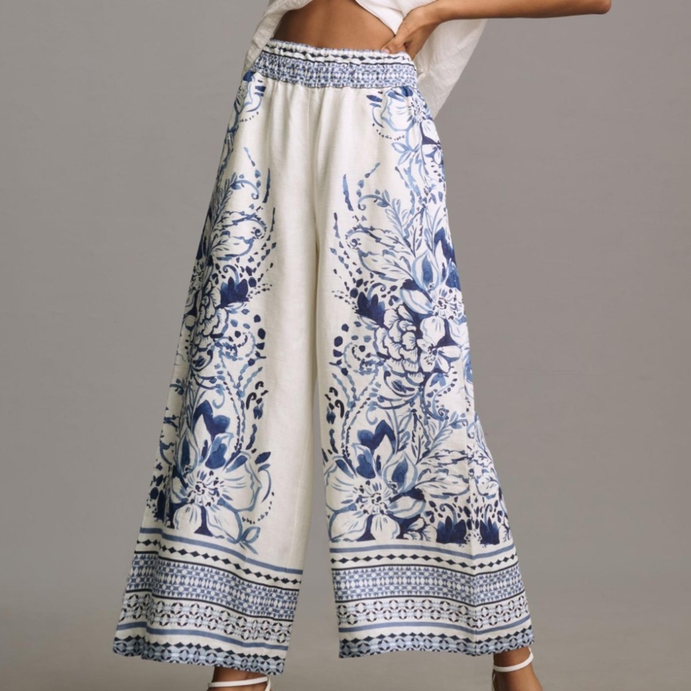 NEW WITH TAGS  Anthropologie  Somerset Pull-On Pants Linen Blue Motif Medium